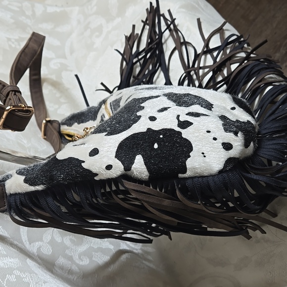 Cow Print Fur Fringe Shoulder Bag - Picture 5 of 8